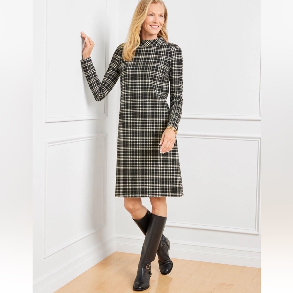 Talbots Windowpane Black Ivory Plaid Mock Neck Fleece Dress Size L
